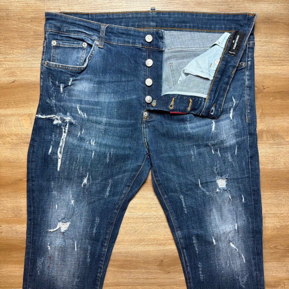 Dsquared2 Slim Jeans Mens 54 Blue Distressed Paint Splatter Made in Italy Denim - Picture 2 of 16
